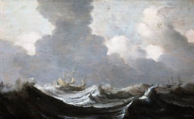 Fyra fartyg som kör före en kuling, 1630 av Pieter the Elder Mulier