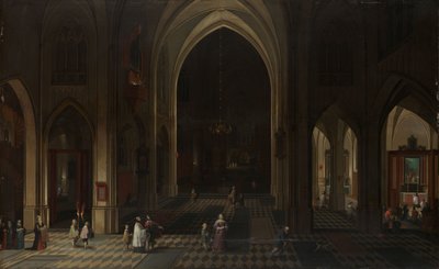 Interiör av en gotisk kyrka på natten med blick mot öster av Pieter the Elder Neeffs