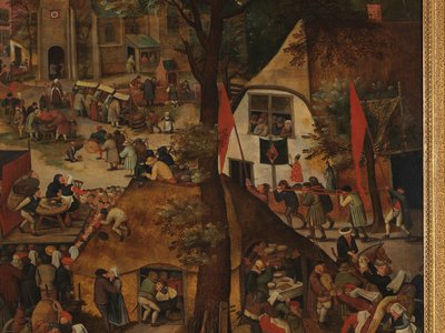 En byfestival, med en teaterföreställning och en procession för att hedra St Hubert och St Anthony av Pieter Brueghel the Younger