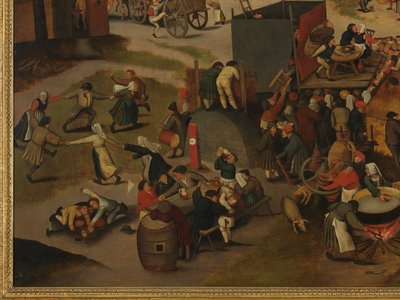 En byfestival, med en teaterföreställning och en procession för att hedra St Hubert och St Anthony av Pieter Brueghel the Younger