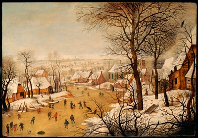 Ett vinterlandskap med skridskoåkare och en fågelfälla av Pieter Brueghel the Younger