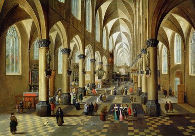 Figurer samlade i en kyrklig interiör, 1600-talet av Pieter the Younger Neeffs