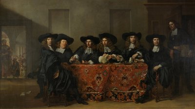 Sex Regents och husmästaren vid Oude Zijds Institute for the Outdoor Relief of the Poor, Amsterdam, 1675 av Pieter van Anraedt