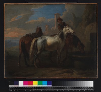 Hästar som dricker vid en fontän, före 1720 av Pieter van Bloemen