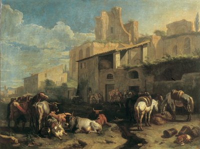Resenärer och olika djur stannar till framför en taverna med romerska ruiner i bakgrunden av Pieter van Bloemen