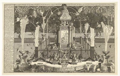Fyrverkerier för att hedra freden i Utrecht, 1713 Nederländska fredsfyrverkerier som sattes upp av Noble Groot Mogende Heeren Staaten i Holland och Västra Friesland, satte igång i vyver till Haag (...) (titel på objektet) av Pieter van Buysen jr.