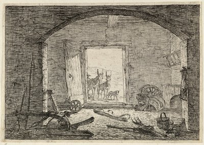 Åsnor framför dörren till ett stall av Pieter van Laer