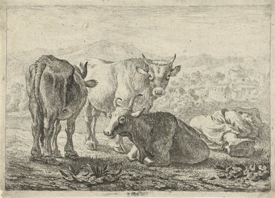 Tyska: Drei Rinder und ein schlafender Hirte
Franska: Les boeufs
Tre nötkreatur och en sovande herde av Pieter van Laer