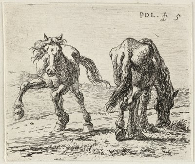 Tyska: Zwei Pferde auf einer Weide
Franska: Les deux chevaux au pâturage
Två hästar på en äng av Pieter van Laer