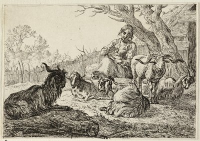 Sheperdess bland getter och får av Pieter van Laer