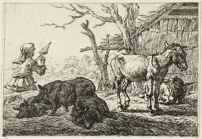 Svin och åsnor i ett stall, till vänster en kvinna som spinner av Pieter van Laer