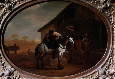 Resenärer som lämnar ett värdshus (olja på panel) av Pieter van Laer