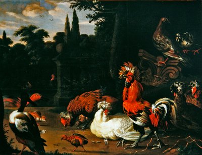 En tupp, höns, kycklingar och ankor i trädgårdsmiljö (olja på duk) av Pieter van Mase