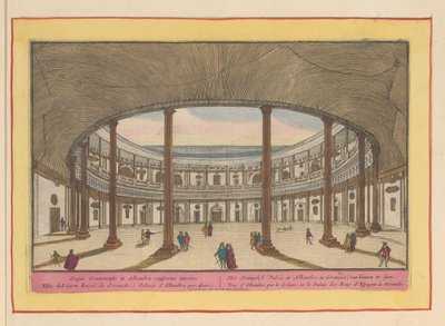 Utsikt över innergården till Charles V-palatset i Granada Kungliga slottet i Alhambre, Granat; att se inifrån (titel på objekt) Theatrum Hispaniae (...) (serietitel) av Pieter van den Berge