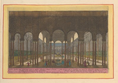 Utsikt över lejongården i Alhambra i Granada Lejongården, vid Granade; ett verk av de moriska kungarna, i slottet Alhambre; lägger där två marmortråg på thien lejon (titel på objekt) Theatrum Hispaniae (...) (serietitel) av Pieter van den Berge