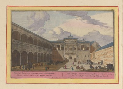 Utsikt över en innergård i Real Alcázar de Sevilla Kungliga slottet på Sicilien; en byggnad av de moriska kungarna (titel på objektet) Theatrum Hispaniae (...) (serietitel) av Pieter van den Berge