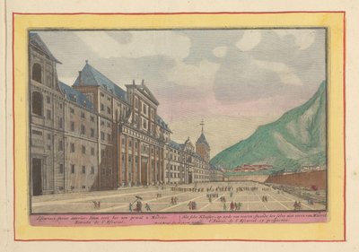 Utsikt över förgården och fasaden av Escorial Självklostret, på sidan av fronten; stå mig själv inte långt från Madrid (titel på objekt) Theatrum Hispaniae (...) (serietitel) av Pieter van den Berge