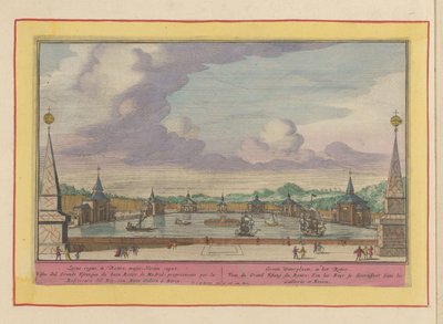 Stor damm med skepp i trädgårdarna i Palacio del Buen Retiro i Madrid Groote Waterplaats, i Retiro (titel på objekt) Theatrum Hispaniae (...) (serietitel) av Pieter van den Berge