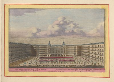 Plaza Mayor i Madrid The Great Mart and Place, i centrala Madrid, där tjurfäktningarna visas (titel på objekt) Theatrum Hispaniae (...) (serietitel) av Pieter van den Berge