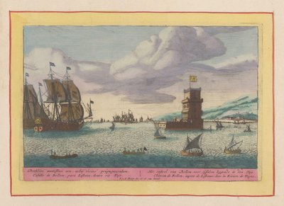 Tornet i Belém ligger i floden Tejo Slottet Bellem, som ligger framför Lissabon i Tajo (titel på objekt) Theatrum Hispaniae (...) (serietitel) av Pieter van den Berge