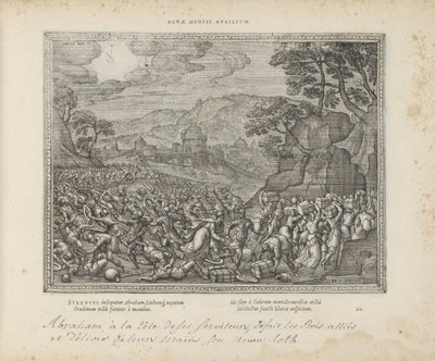 Abraham bevrijdt Lot Hjälp av ett gott sinne (titel på objekt) The Sacred Emblems and the Main History of Both Testaments (Oude Testament) (serietitel) Bilder och figurer av böcker (serietitel) av Pieter van der Borcht (I)