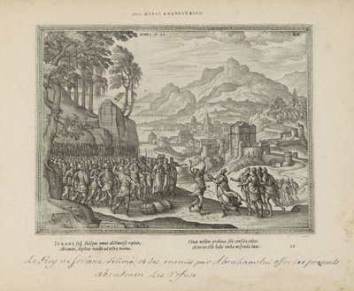 Abraham en de koning van Sodom Var denna järnvägg (titel på objekt) The Sacred Emblems and the Main History of Both Testaments (Oude Testament) (serietitel) Bilder och figurer av böcker (serietitel) av Pieter van der Borcht (I)