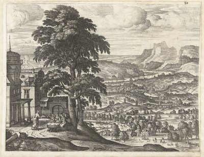 Abraham matar de tre änglarna Landskap med berättelsen om Abraham (serietitel) av Pieter van der Borcht (I)