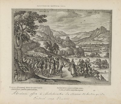 Abraham träffade Melkisedek förening av fredliga sinnen (titel på objekt) The Sacred Emblems and the Main History of Both Testaments (Oude Testament) (serietitel) Bilder och figurer av böcker (serietitel) av Pieter van der Borcht (I)