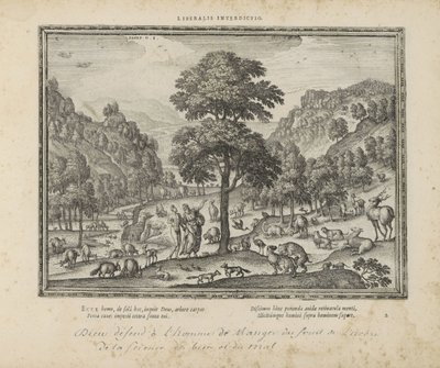 Gud visade Adam het paradijs Liberalt förbud (titel på föremål) The Sacred Emblems and the Main History of Both Testaments (Oude Testament) (serietitel) Bilder och figurer av böcker (serietitel) av Pieter van der Borcht (I)
