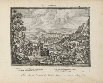 Landschap met Abraham en de drie engelen Gudomlig operation (titel på objekt) The Sacred Emblems and the Main History of Both Testaments (Oude Testament) (serietitel) Bilder och figurer av böcker (serietitel) av Pieter van der Borcht (I)
