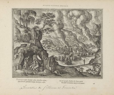 Vernietiging van Sodom en Gomorra / Lot en zijn dotters Eternal monument of justice (titel på objekt) The Sacred Emblems and the Main History of Both Testaments (Oude Testament) (serietitel) Bilder och figurer av böcker (serietitel) av Pieter van der Borcht (I)