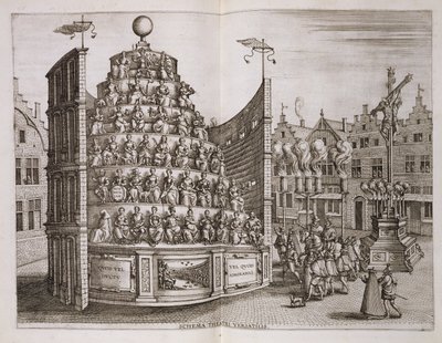 Illustration som visar en rörlig teater, från "Historicas berättelse om avgång och invigning..." av Johannes Bochius, Plantin Press, 1602 av Pieter van der Borcht