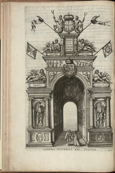 Floderna Tejo, Plata, Ganges och Hydaspes. Baksidan av den portugisiska triumfbågen, Ernst, ärkehertig av Österrikes intåg i Antwerpen, publicerad 1595 (gravyr) av Pieter van der Borcht