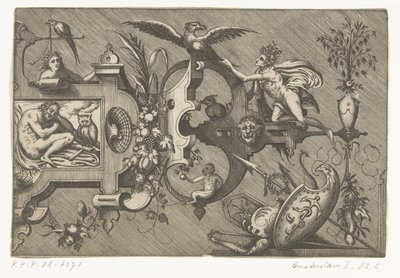 Högra halvan av en stor kartusch föreställande natten Compertimenta pictoriis flosculis manubiisque... (serietitel) av Pieter van der Heyden