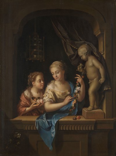 Två flickor med blommor vid en staty av Amor Två flickor med blommor nära en staty av Amor av Pieter van der Werff