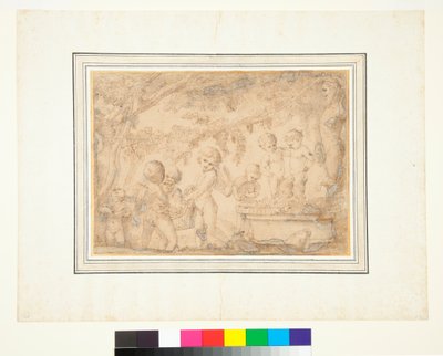 Putti og Infant Satyrs Pressing Grapes (pen og brun blæk og brun vask) swed av Pietro Testa