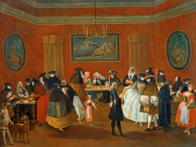 The Ridotto: maskeradscen ... (målning på duk) av Pietro (circle of) Longhi