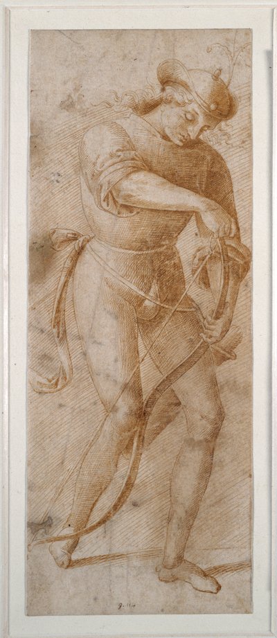 En ung man stränger sin båge (penna & brunt bläck på vitt papper) av Pietro (follower of) Perugino