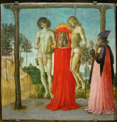 Sankt Hieronymus stödjer två hängda unga män ... av Pietro (studio of) Perugino