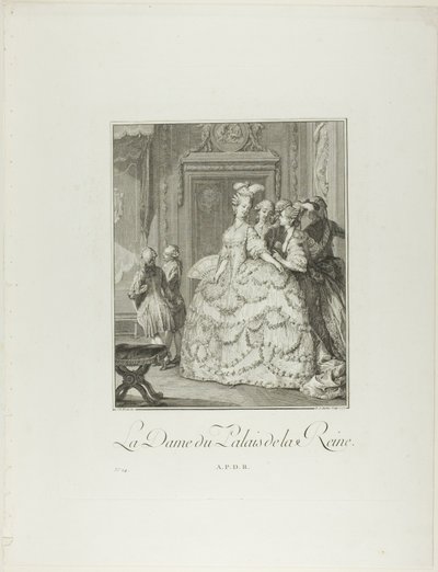 Drottningens hovdam, från Monument du Costume Physique et Moral de la fin du Dix-huitième siècle av Pietro Antonio Martini