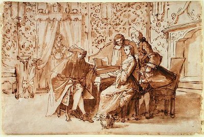 A Music Party (penna och brun tvätt över svart krita på papper) av Pietro Antonio Novelli