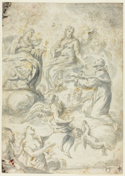 Sankt Nikolaus av Tolentino går i förbön hos Kristus och Madonnan för själar i Limbo av Pietro Antonio Novelli