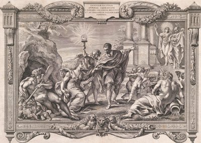 Annibale Carracci introducerar målning till Apollo och Minerva, 1674. av Pietro Aquila