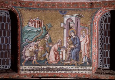 Tillbedjan av den mosaiska magi av Pietro Cavallinis absid (aktiv omkring 1273-1330) slutet av 1200-talet (Tillbedjan av magierna, mosaik från absiden av Pietro Cavallini, slutet av 1200-talet) Rom, kyrkan Santa Maria in Trastevere Italien av Pietro Cavallini