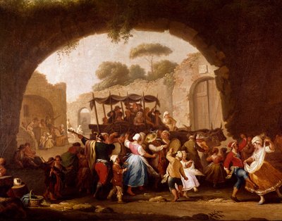 Dansscen och populär fest i Neapel Detail. Tarantelladansare (tarantella, tarantella). Målning av Pietro Fabris (aktiv mellan 1763 och 1776) Neapel från 1700-talet, Museo Nazionale di San Martino av Pietro Fabris