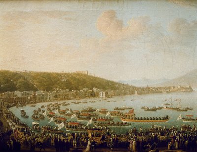 Karl III av Spaniens (Carlos III) (1716-1788) avgång från Neapelbukten (Italien). Målning av Pietro Fabris (1756-1779), olja på duk av Pietro Fabris