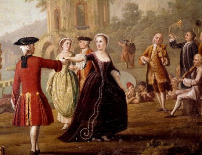 Nobel dans- och festscen i Neapel Dansare i en park. Målning av Pietro Fabris (verksam mellan 1763 och 1776). Neapel från 1700-talet, Museo Nazionale di San Martino av Pietro Fabris