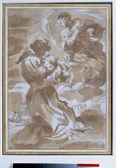 Jungfrun anförtror Jesusbarnet till den helige Francois av Assisi Teckning av Pietro Faccini (1560-1602) 1500-talets sön. 0,23 x 0,33 m Paris. Louvren av Pietro Faccini