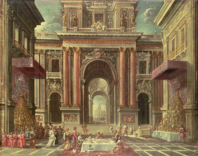 Magnifik fest på innergården till ett barockpalats (olja på duk) av Pietro Francesco Garoli