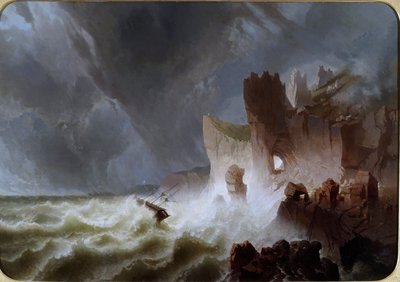 Lido solitario Marint landskap, med ett skepp som fångades i stormen och kraschade på klipporna. Målning av Pietro Giuria (1800-talet) Dim. 140x200 cm Genes Nervi, Galleria d